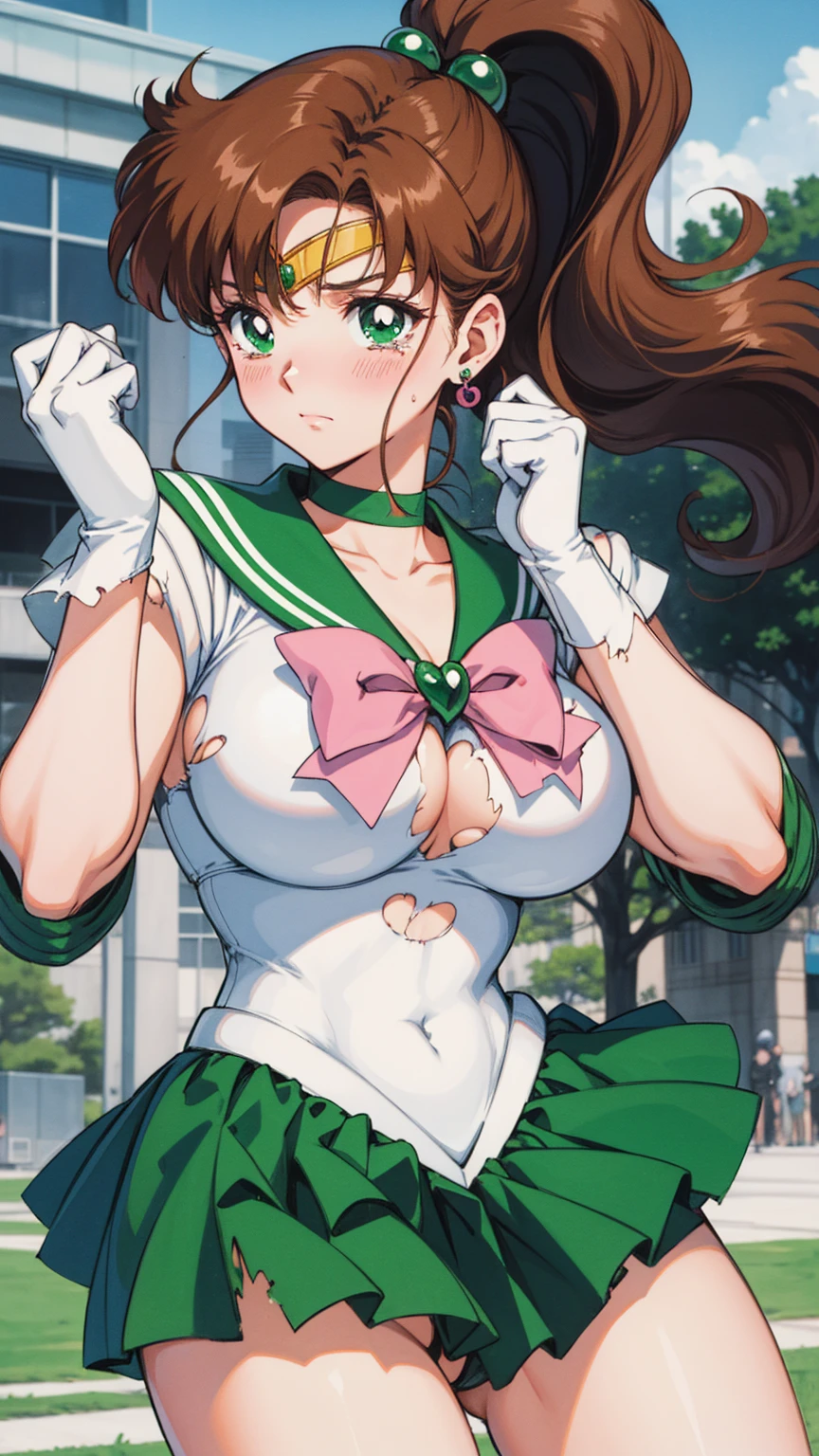 Highest quality, High resolution, 1990s \(style\), retro artstyle, 1990s anime cels style, Sailor Jupiter, Fighting, Sailor Warrior Uniform, Green sailor collar, White gloves, Green pleated skirt, Pink ribbon, ponytail, jewelry, Earrings、(Torn clothes、tits)、Dynamic、廃墟でFighting、Torture scene、Torture chamber、Tortured Woman、tears、blush、sad