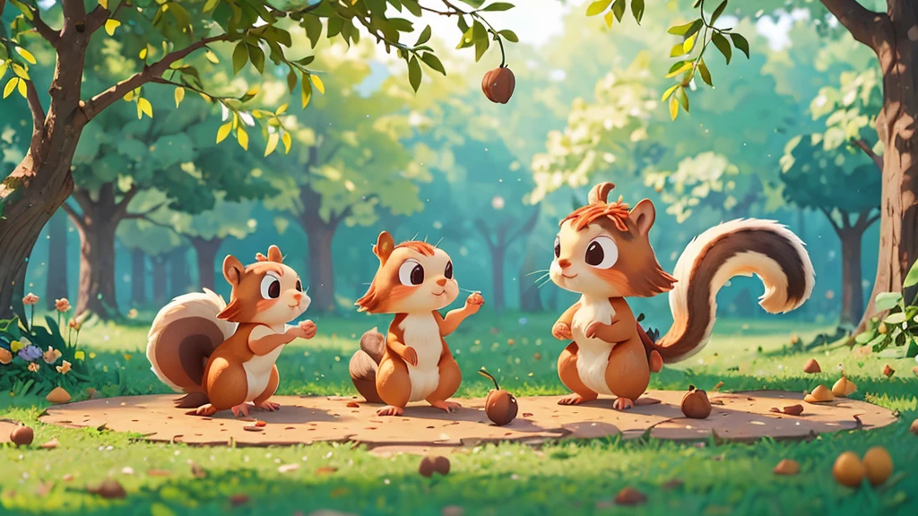 Cute one , A playful squirrel gathering nuts and acorns, pixar style, best quality, stills,