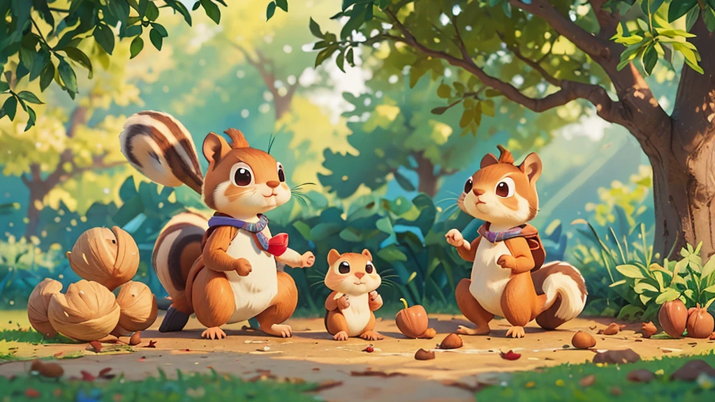 Cute one , A playful squirrel gathering nuts and acorns, pixar style, best quality, stills,