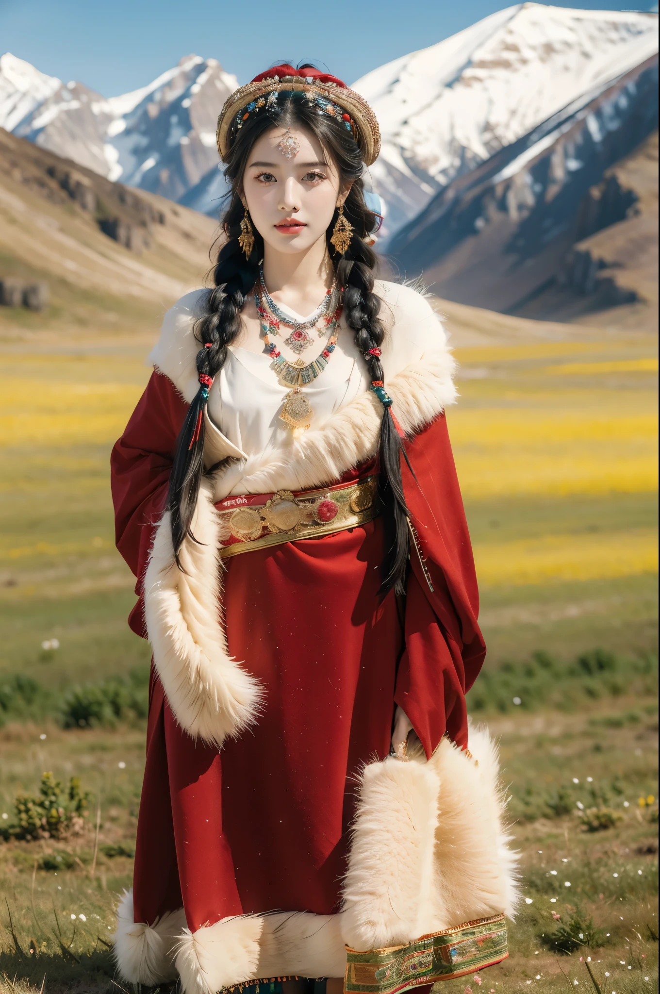 (((best quality))),(((ultra detailed))),(((masterpiece))),illustration,a beautiful Tibetan girl,solo,slim,earrings,necklace,flat chest,Plush hat,parted red lips,snow-capped plateau,magnificent red traditional outfit,radiant smile,Standing by the roadside,vast verdant grasslands,majestic snow-capped peaks,striking appearance,dark almond-shaped eyes,sparkling with joy,long flowing black hair,intricate braids,colorful beads,jewelries,intricately woven ribbons,red rob embroidered with golden threads,Tibetan culture,lush green grasslands,serene ambiance,sheep and yaks grazing,crisp air,invigorating scent of the highland,beauty and resilience,pure bliss,full body,boots,