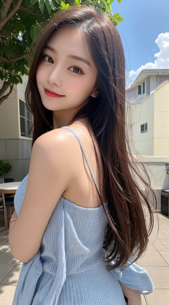 Tabletop, Highest quality, shape, Very detailed, finely, High resolution, 8k wallpaper, 完璧なダイナミックな構shape, Beautiful and exquisite, Nice spring clothes,Beautiful straight hair,Small breasts,Natural color lip, 20-year-old girl、cute、Always blur the background,Perfect and beautiful face,Beautiful and dense face、Slim face and figure,Big eyes、Putting on gal makeup,Actual Photos（Best image quality）、Sexy Face、Fashion model posing、Full Body Shot、smile、Change pose randomly、Randomly change the shooting angle and position、Summer Fashion、Look up at the sky