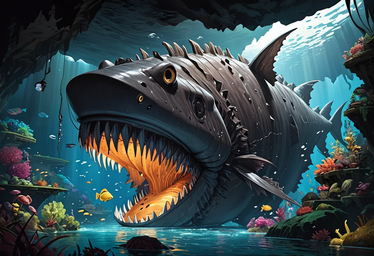 A giant cave-like mimic of an anglerfish、(The anglerfish&#39;s mouth is full of jewels, ornaments and treasures.:1.4)、(Treasure hunter divers attempting to enter the mouth of an anglerfish:1.2)、Reality、Fantasy、