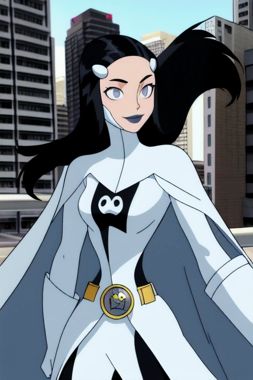 Phantom girl, Tinya Wazzo, solo, girl1, long black hair, bodysuit. grey eyes, smile, grey lips, belt, white cape, white gloves, cape covering arms, best quality, masterpiece, cowboy shot, park, city