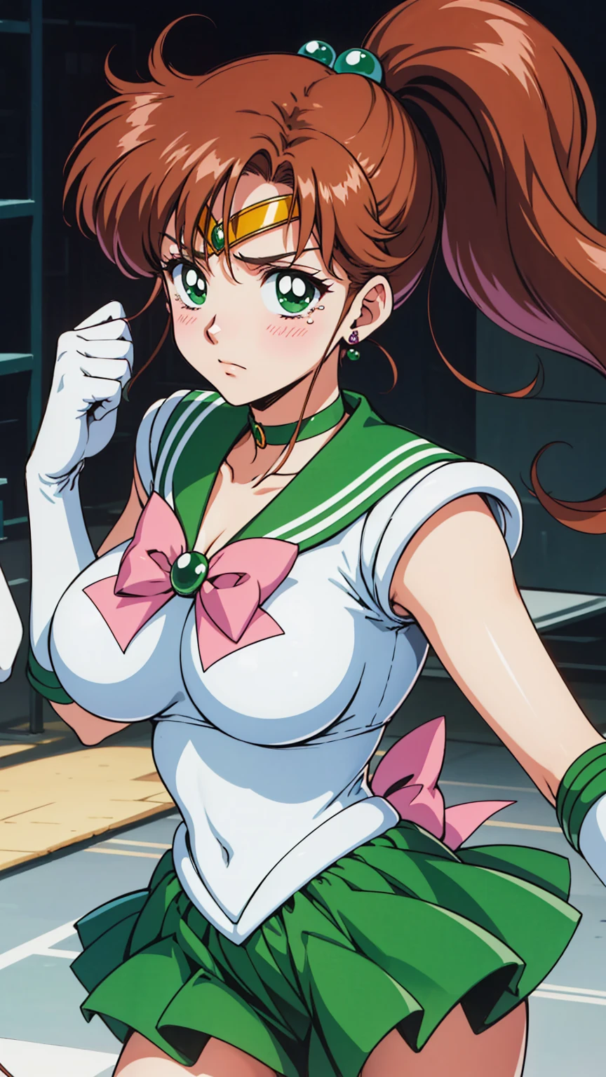 Highest quality, High resolution, 1990s \(style\), retro artstyle, 1990s anime cels style, Sailor Jupiter, Fighting, Sailor Warrior Uniform, Green sailor collar, White gloves, Green pleated skirt, Pink ribbon, ponytail, jewelry, Earrings、(Torn clothes、tits)、Dynamic、廃墟でFighting、Torture scene、Torture chamber、Tortured Woman、tears、blush、sad