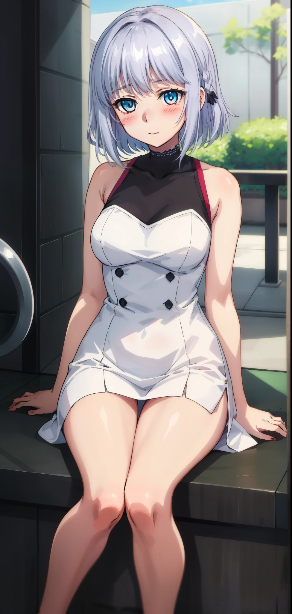 1 girl, kanon kanase,  , blush, , sleeveless,(stylish dress), sitting,  20-year-old, healthy skin.