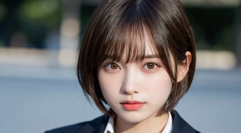 (Bob Cut Hair:1.2),(Wear a blazer:1.2),1 girl,Japanese,21 years old,(Small breasts:1.3),(Highest quality,masterpiece:1.3,超A high resolution,),(Ultra-detailed,Caustics),(Photorealistic:1.4,RAW shooting,)Ultra-Realistic Capture,Very detailed,High resolution 16K human skin close-up。 Natural skin texture、,Pores、、It needs to be detailed enough to be easily identifiable。 Skin should be even-toned and healthy looking。 Use natural light and colour, Sad expression, Looking at the camera, Perfect dynamic composition, Outdoor