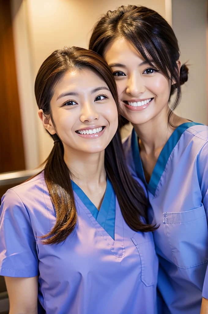 Dental hygienist, only two women Side by side, smiling, wearing brown medical scrubs Brown, short sleeves, cute, Japanese, black hair, female, early 20s Upper body close-up high resolution Highest quality Don't press your face too much
