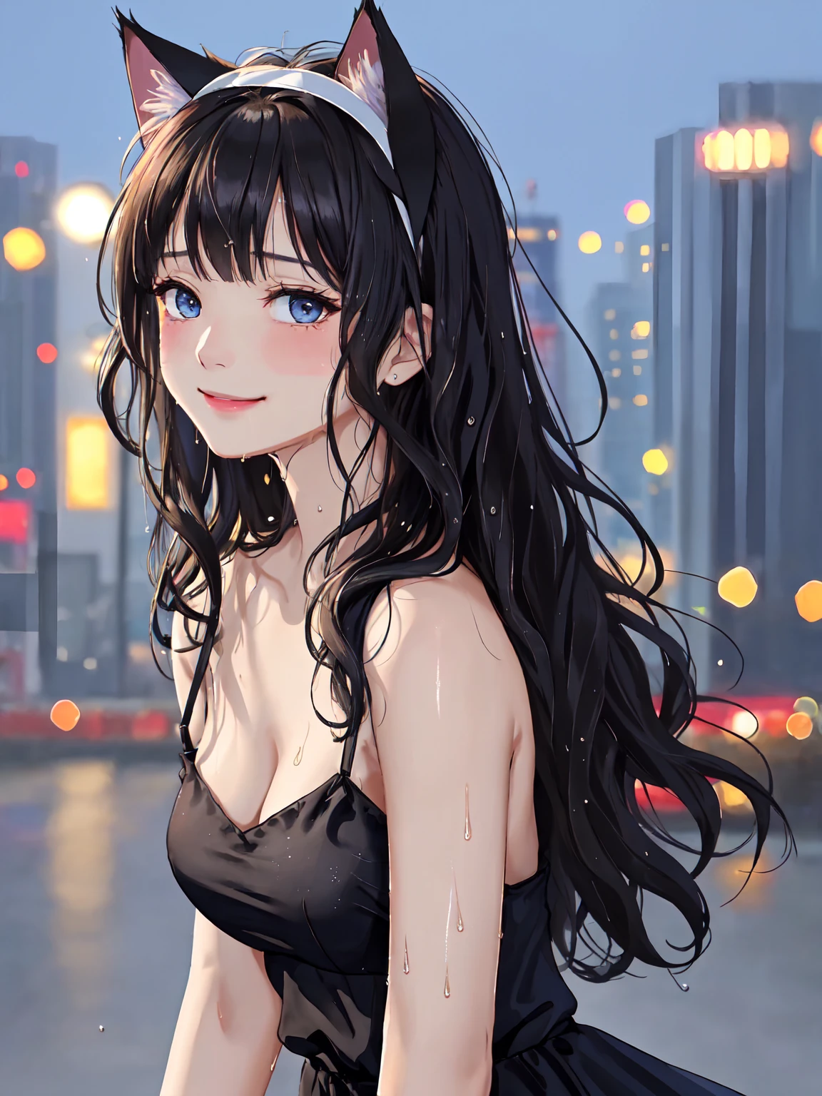 ((Night in the City、Highest quality、masterpiece、High resolution))、(((Zoom photo of upper body、Wet body、Wet Hair)))、(A shy smile:1.2)、-yeld fee、Beautiful Skin、Beautiful Eyes、Large Breasts、Cat Ear Headband、Black Dress、Black Hair、Wavy Hair、Shorn bangs