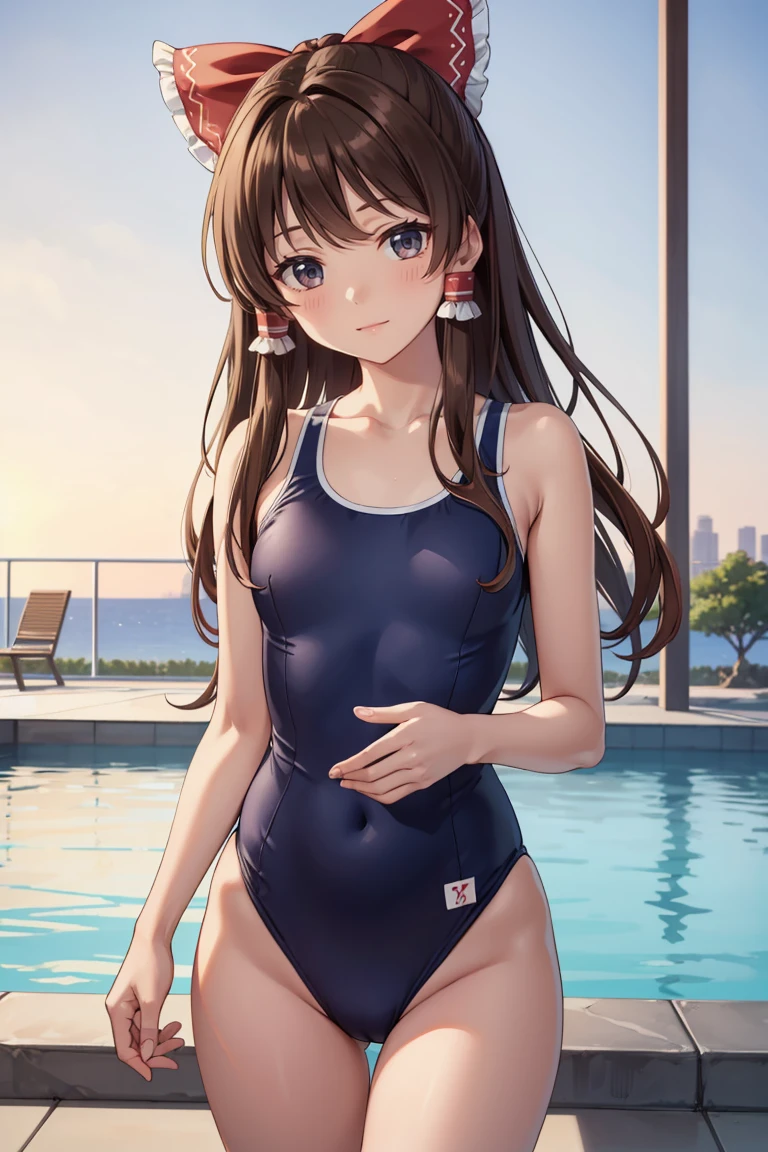 Reimu Hakurei, (Brown eyes:1.5), Brown Hair, bow, hair bow, Hair Tube, Long Hair, red bow, Side Lock, (((Slender body)))、(Navy school swimsuit)、Pool、View your viewers,blush、
Cowboy Shot,Smile Break (masterpiece:1.2), Highest quality, High resolution, unity 8k wallpaper, (figure:0.8), (Beautiful attention to detail), Highly detailed face, Perfect lighting, Highly detailed CG, (Perfect hands, Perfect Anatomy)