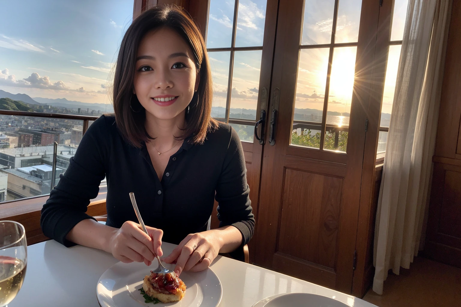 ((Highest quality、8K、masterpiece:1.3))、Sharp focus:1.2、Beautiful woman perfect body:1.4、slimなボディ、((Bob Hale、Straight hair:1.2))、(to be born, Highest quality, masterpiece:1.5), (Realistic, Intricate details:1.2), テーブルにwine glass、Put the light on your face、 Amazing view of the sunset sky and clouds、Amazing mountain views、ニコニコ明るいsmile、smileの素敵な女性、Bright image、2. The beauty of wine, Beautiful Face, blue eyes, The light shines on your face, Blushing, short hair,Bright Face、Fox face、43 years old), 39 years old, Lady、red wine 、Appetizers、Italian food、Wine bottle、Champagne、sparkling wine、Two beauties、Brown Hair、Shortcuts、Long sleeve shirt、dress、Beautiful woman 1, (slimな顔), (The body is slim), (Brown Hair), (Shortcuts), cheeks turn a little red,Attractive beauty、, Out of the window, Beautiful and detailed night view.........., restaurant, In a prominent place (From the waist up) Nova Frog Style, actress, model, Upper Body, White wine, slim, wine glass, 真ん中に置かれたwine glass, smile, (smile: 1.15), Beautiful fine grain, Depth f/2,saturation, High Contrast, Strong light and shadow,Moist Body:1.5、 texture、Delicate eyes、Brown Hair、The hair is very shiny、