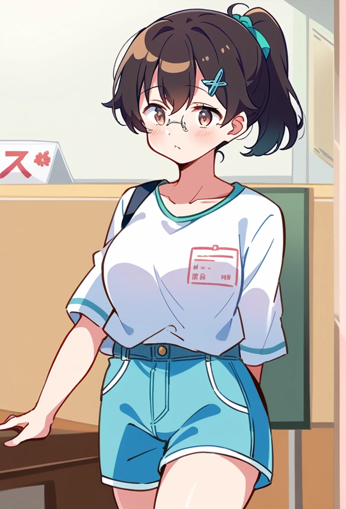 One person anime Middle school students Black hair ponytail Gentle face Rimless glasses are black Big Breasts Short Brown eyes, white shirt and navy blue shorts