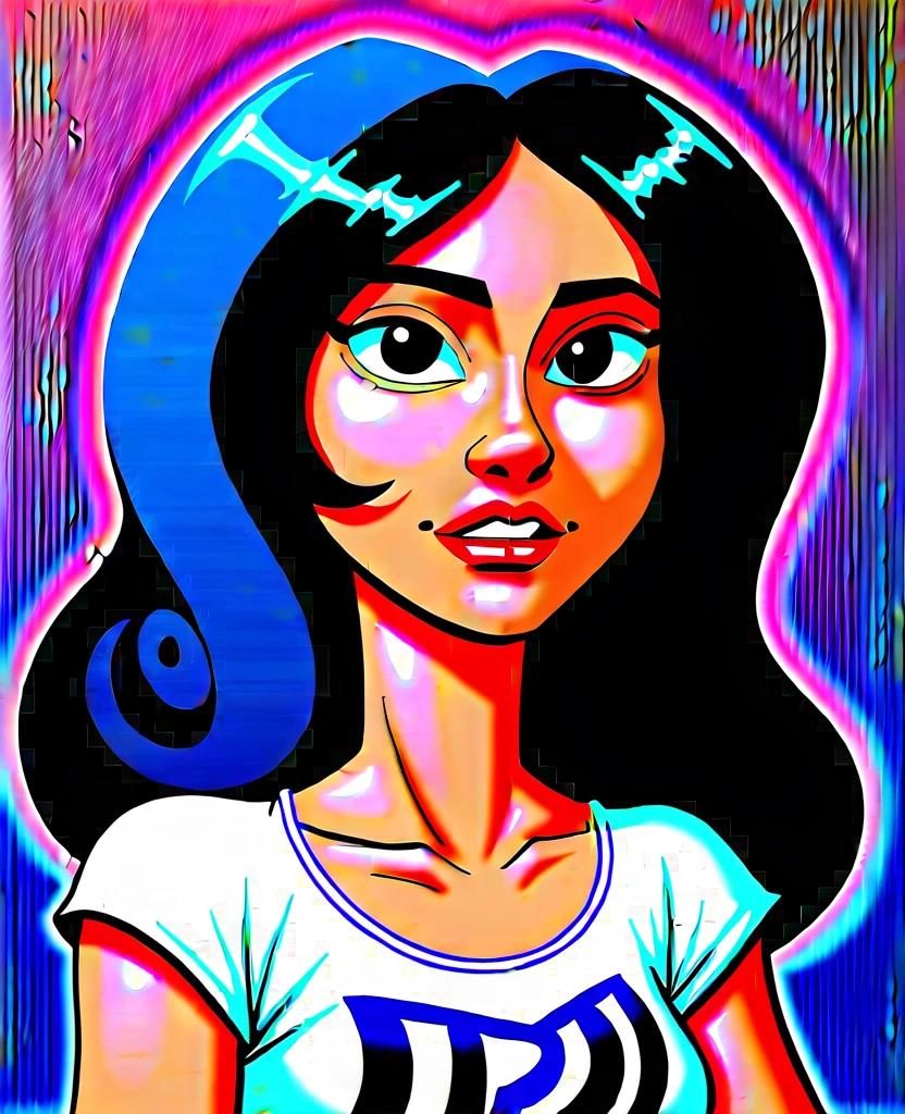 Girl, two-tone hair, black hair, blue hair, long hair, black eyes, white t-shirt,((.js_CartoonStyle)) 