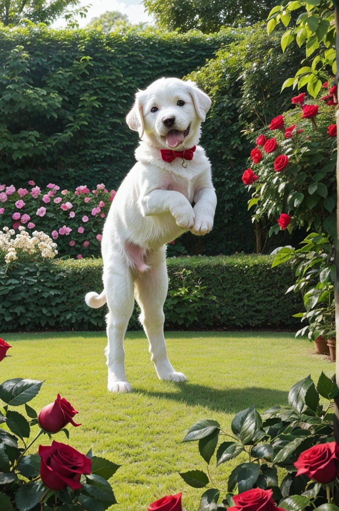 A white puppy playing in a beautiful garden with red rose 