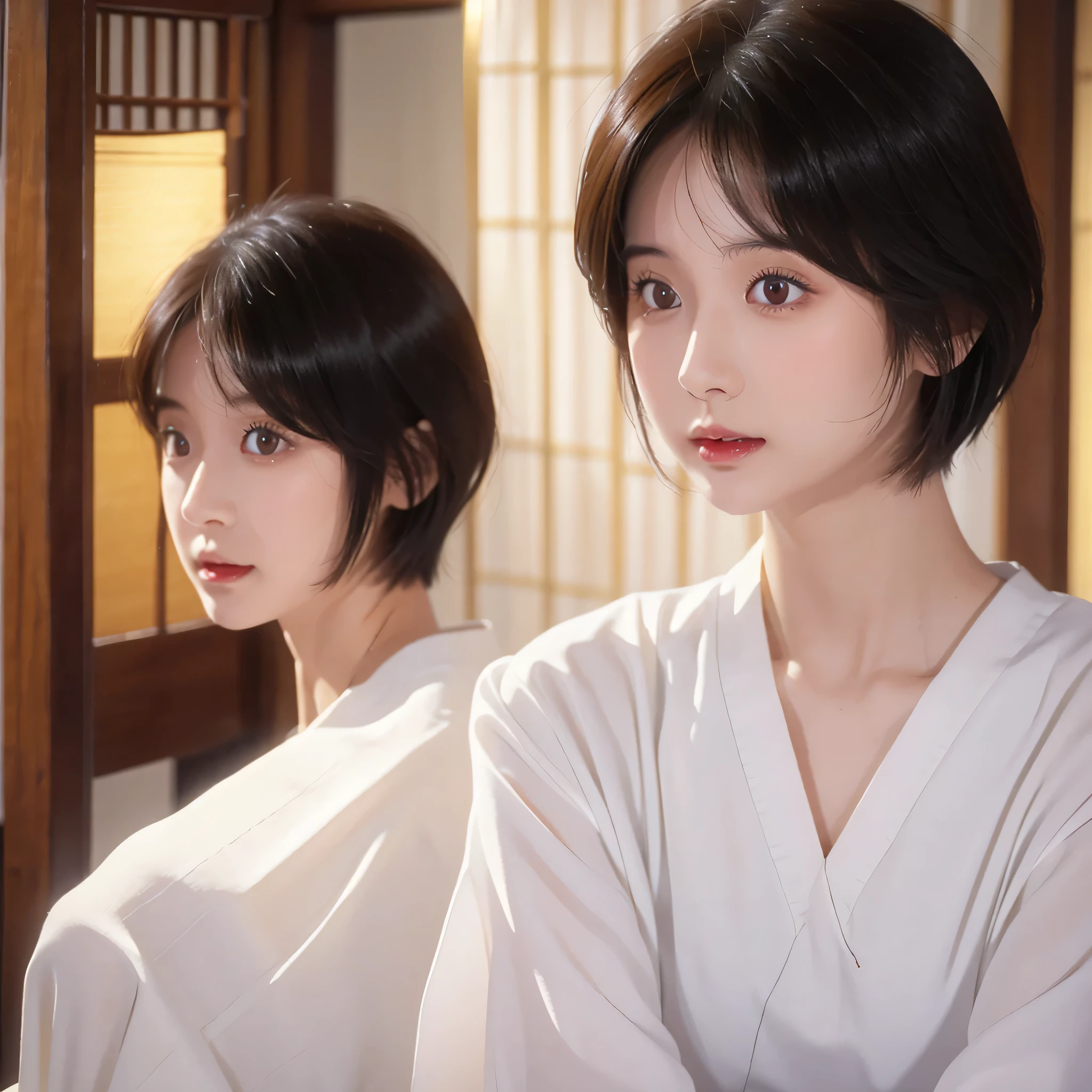 Japanese、woman、27 years old、Shortcuts、Short Hair、Short Hair、Brown Hair、Loose Waves、Right Divider、White skin、Narrow eyes、Small Mouth、High nose、delicate、Fair skin、White skin、Sitting posture、