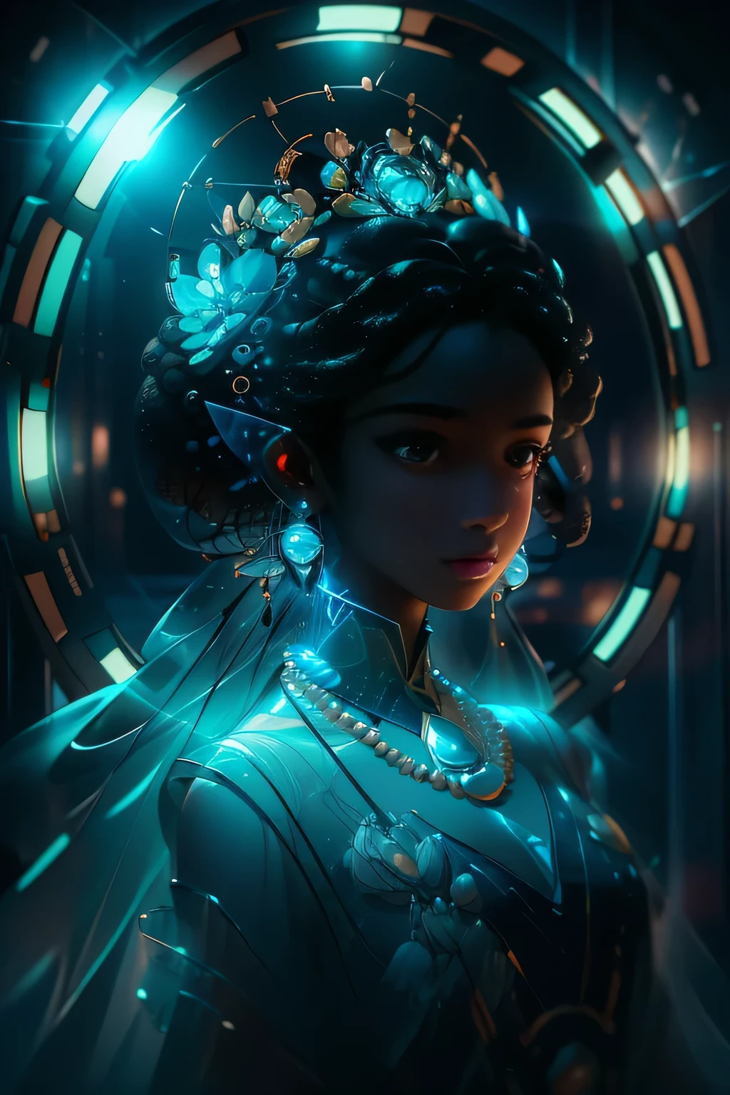 8K Cinematic Masterpiece, Ultra Detailed, (Perfect Figure:1.1), Transparent Glass Sculpture, African Diaspora representation, Pearl Dress and Necklace, Dark Room, Blue Bioluminescent Light, Wide Angle Shot, Intricate Facial Features, Strong Jawline, High Cheekbones, Full Lips, Almond-shaped Eyes, Long, Sleek Hair, Afro- textured, Shimmering in the Blue Light, Volumetric Lighting, Highly Stylized Shading, Detailed Reflections on the Glass, Lens Flare, Dramatic Ambience, Minimalist
