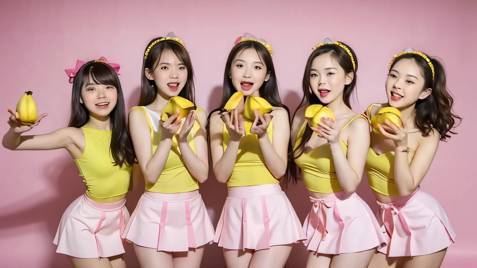 (Delicate face), (different face), (movie lighting), (ray tracing), (studio), (pink background), (textured skin), (4K), (best picture quality), (young and energetic), (masterpiece), (detail), (whole body), five lively girls with bananas in hand, smiling at the screen in different poses