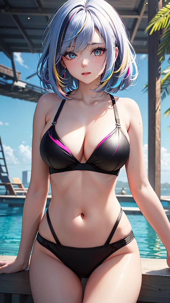 {{masterpiece}}, best quality, extremely detailed CG unity 8k wallpaper, cinematic lighting, lens flare, beautiful detail eyes, black,  side glance,  multicolor short blonde hair, colorful light, particles, heterochromia, (colorful:1.5), (colorful hair:1.5), swimming suit bra and underwear,