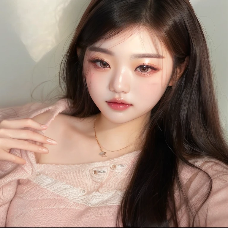 a close up of a woman with long hair wearing a pink sweater, ulzzang, young adorable korean face, gorgeous young korean woman, popular korean makeup, popular south korean makeup, korean girl, beautiful young korean woman, beautiful south korean woman, beautiful aesthetic face, wan adorable korean face, jaeyeon nam, beautiful asian girl, korean face features