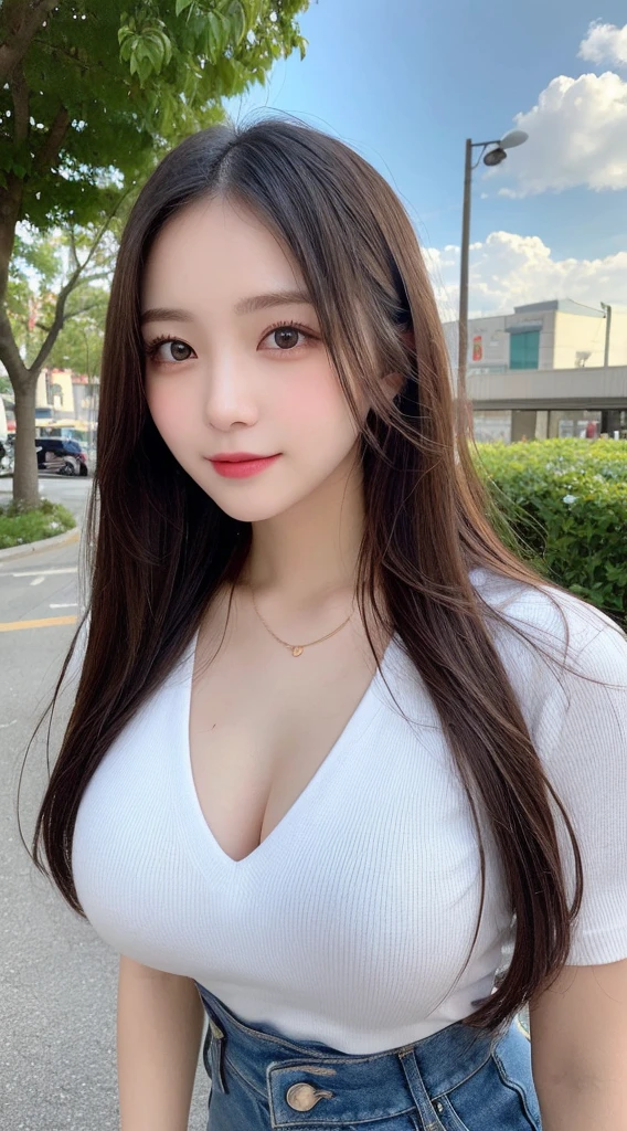 Tabletop, Highest quality, shape, Very detailed, finely, High resolution, 8k wallpaper, 完璧なダイナミックな構shape, Beautiful and exquisite, Nice spring clothes,Beautiful straight hair,Small breasts,Natural color lip, 20-year-old girl、cute、Always blur the background,Perfect and beautiful face,Beautiful and dense face、Slim face and figure,Big eyes、Putting on gal makeup,Actual Photos（Best image quality）、Sexy Face、Fashion model posing、Full Body Shot、smile、Change pose randomly、Randomly change the shooting angle and position、Summer Fashion、Look up at the sky