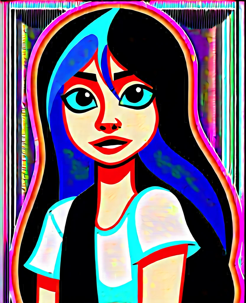 Girl, two-tone hair, black hair, blue hair, long hair, black eyes, white t-shirt,((.js_CartoonStyle))