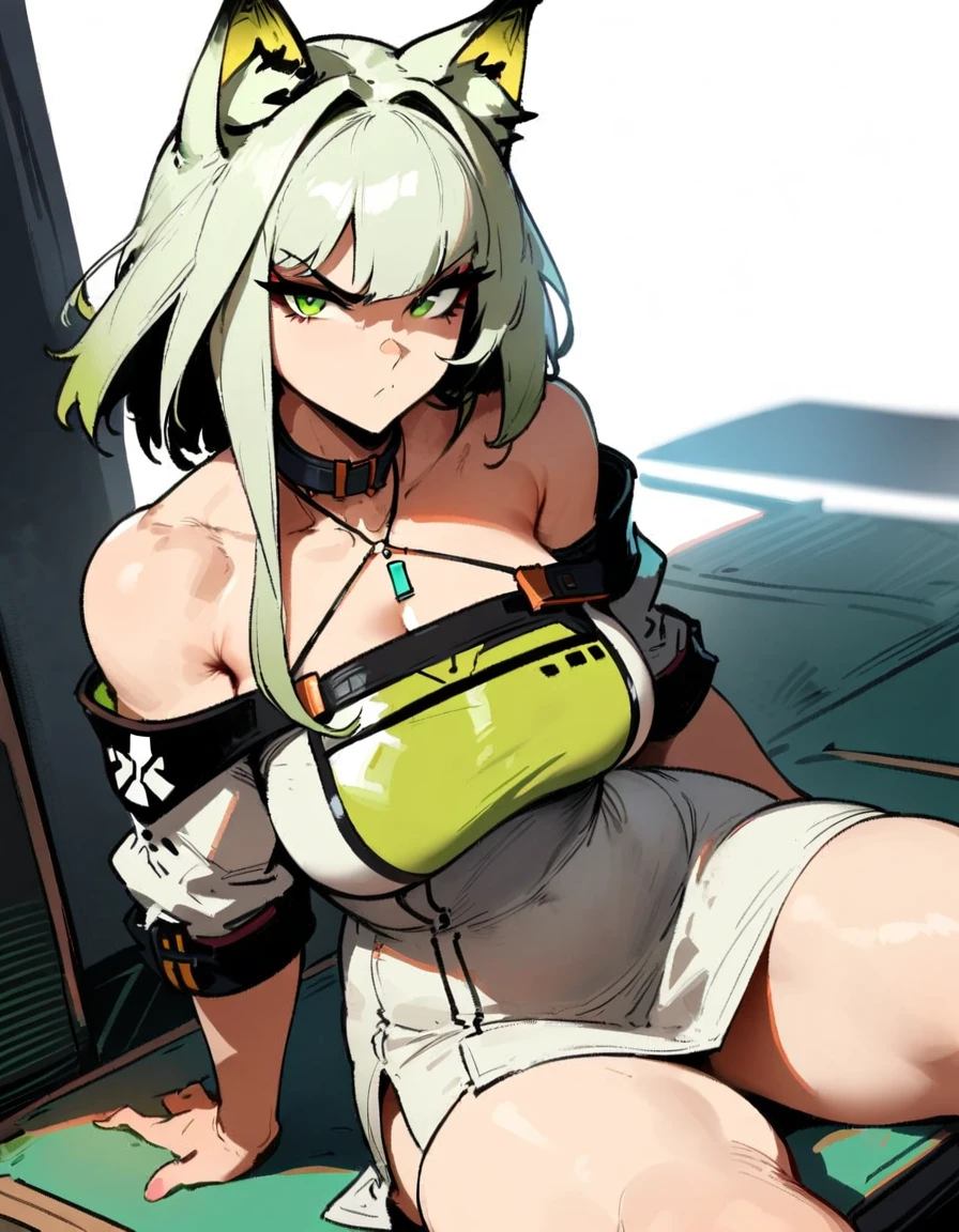 1girl, kal'tsit \(arknights\), arknights \\\\\ masterpiece, best quality, very aesthetic, absurdres, newest \\\\\\ slim body,///// ,by nyantcha,cutesexyrobutts , by khyle,,////// beautiful face, y, serious, angry, green eyes, animal ears, bigolo, ,skirt, school girl, white background