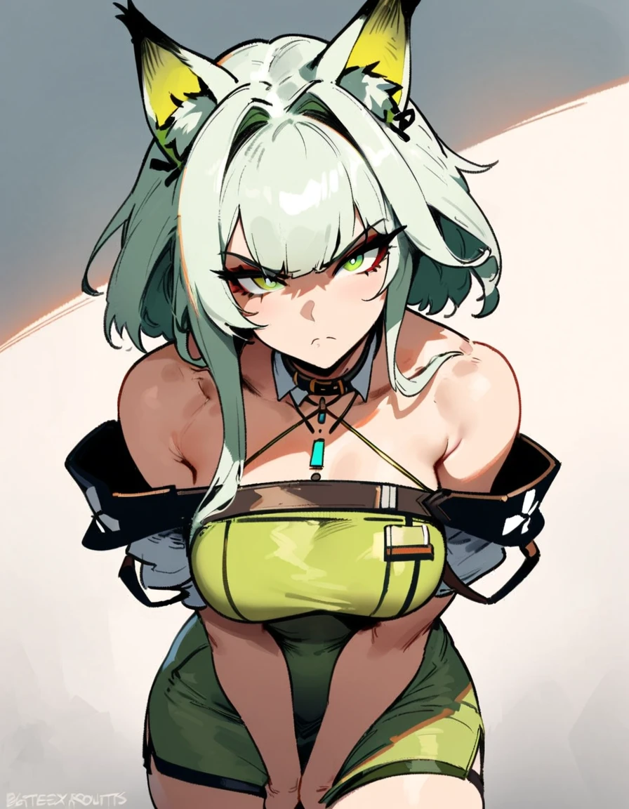 1girl, kal'tsit \(arknights\), arknights \\\\\ masterpiece, best quality, very aesthetic, absurdres, newest \\\\\\ slim body,///// ,by nyantcha,cutesexyrobutts , by khyle,,////// beautiful face, sexy, serious, angry, green eyes, animal ears, big tits, solo, ,skirt, school girl, white background