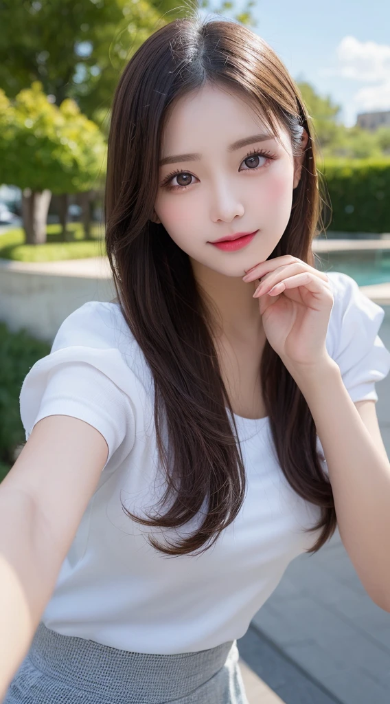 Tabletop, Highest quality, shape, Very detailed, finely, High resolution, 8k wallpaper, 完璧なダイナミックな構shape, Beautiful and exquisite, Nice spring clothes,Beautiful straight hair,Small breasts,Natural color lip, 20-year-old girl、cute、Always blur the background,Perfect and beautiful face,Beautiful and dense face、Slim face and figure,Big eyes、Putting on gal makeup,Actual Photos（Best image quality）、Sexy Face、Fashion model posing、Full Body Shot、smile、Change pose randomly、Randomly change the shooting angle and position、Summer Fashion、Look up at the sky