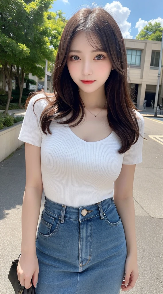Tabletop, Highest quality, shape, Very detailed, finely, High resolution, 8k wallpaper, 完璧なダイナミックな構shape, Beautiful and exquisite, Nice spring clothes,Beautiful straight hair,Small breasts,Natural color lip, 20-year-old girl、cute、Always blur the background,Perfect and beautiful face,Beautiful and dense face、Slim face and figure,Big eyes、Putting on gal makeup,Actual Photos（Best image quality）、Sexy Face、Fashion model posing、Full Body Shot、smile、Change pose randomly、Randomly change the shooting angle and position、Summer Fashion、Look up at the sky