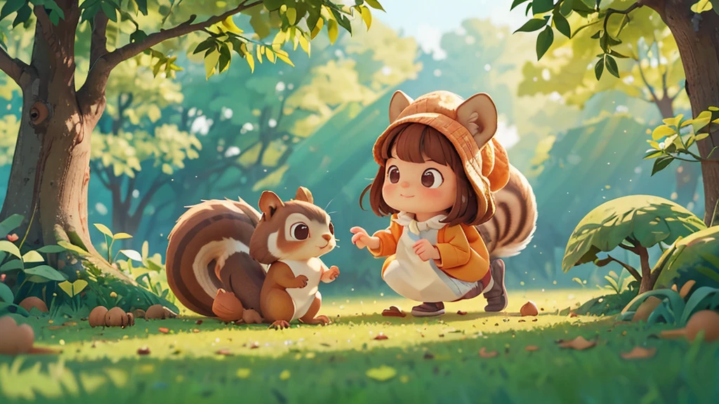 Cute one , Sarah quietly approaching the squirrel, not wanting to disturb it ,A playful squirrel gathering nuts and acorns, pixar style, best quality, stills,