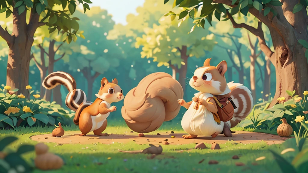Cute one , Sarah quietly approaching the squirrel, not wanting to disturb it ,A playful squirrel gathering nuts and acorns, pixar style, best quality, stills,