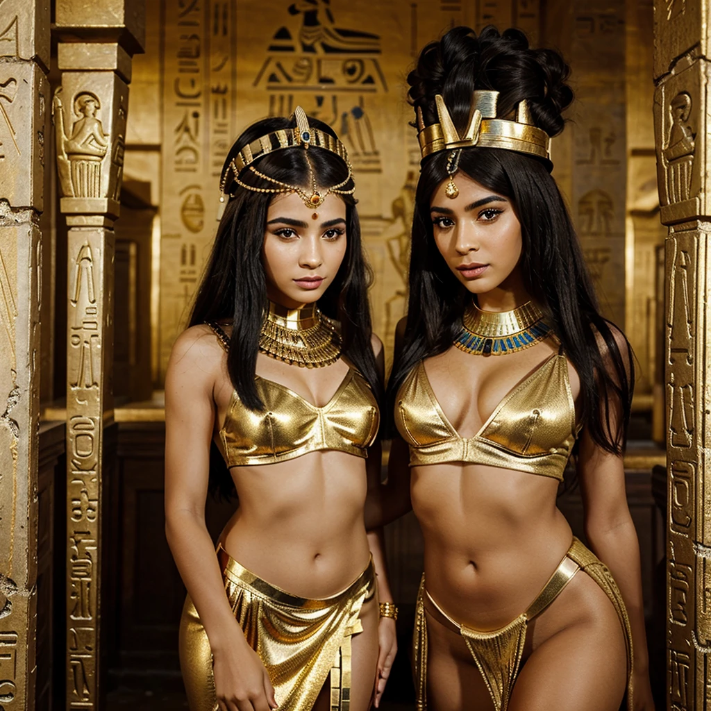 a woman in a gold suit and headdress posing for a photo, Egyptian princess, black emma watson as Egyptian, hermosa Cleopatra, wearing an Egyptian crown, Beautiful goddess, Egyptian makeup, Egyptian, Egyptian clothes, (woman with white skin), Egyptian style, Cleopatra, Egyptian clothing, ancient princess Libu, Egypt Makeup, beautiful woman, Egyptian setting, accurate to Egyptian tradition, android girl in Egyptian ruins