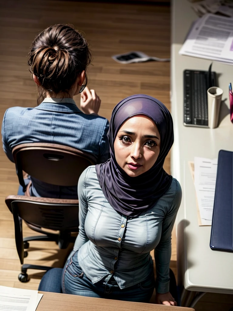(1 mature girl), 48 years old, sitting on a chair in an office, ((wearing hijab)), wearing white long shirt, wearing fabric long pants, shot from above, wearing niqab, wearing mouth cover