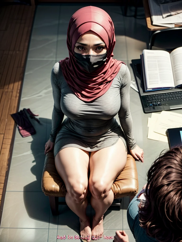 (1 mature girl), 48 years old, sitting on a chair in an office, ((wearing hijab)), wearing white long shirt, wearing fabric long pants, shot from above, wearing niqab, wearing mouth cover