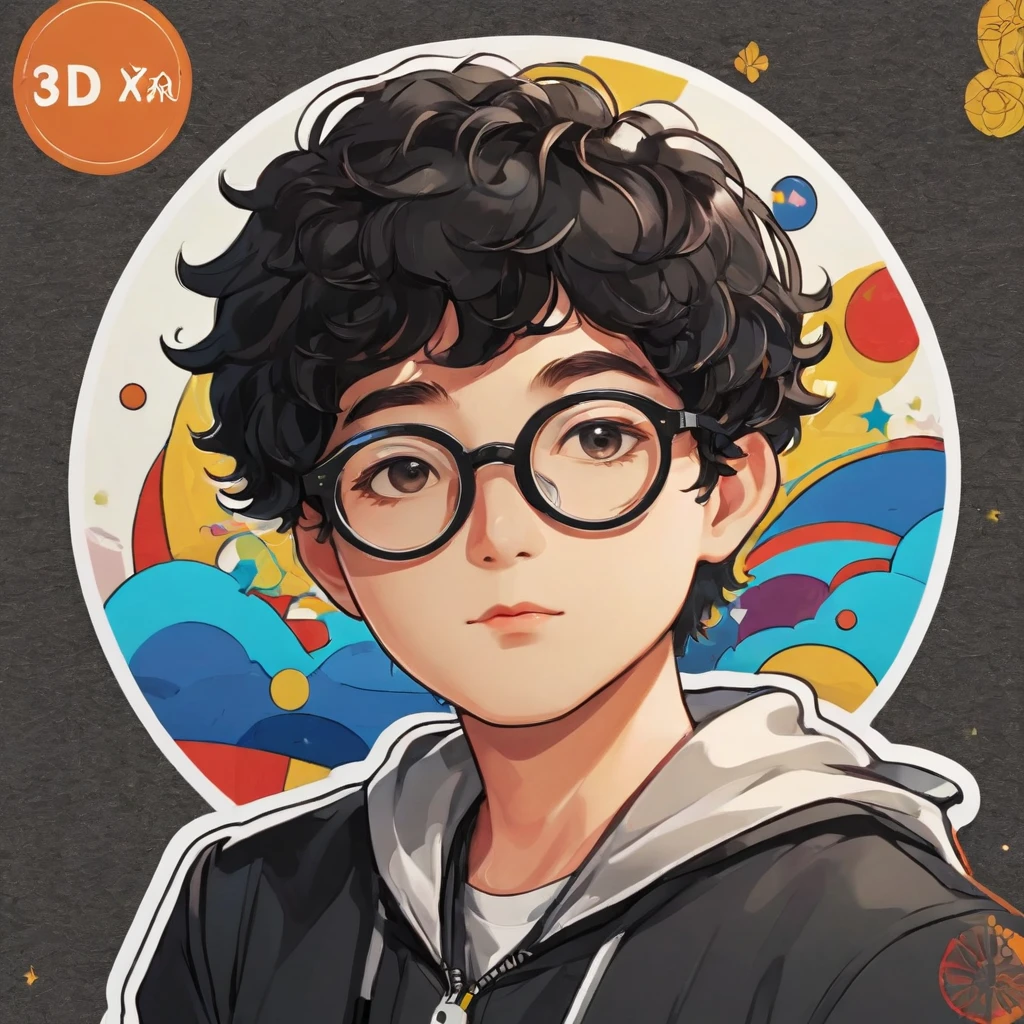 (sticker,),(3D anime boy),a little fat, Black short curly hair, Glasses,  (In the circlerown background), (Minimalist border)(Cartoon Style)， Extremely detailed, Detailed charts, Vectorization, 8K, 专业sticker设计, graphic design, Vector Lines, sticker, Full HD
