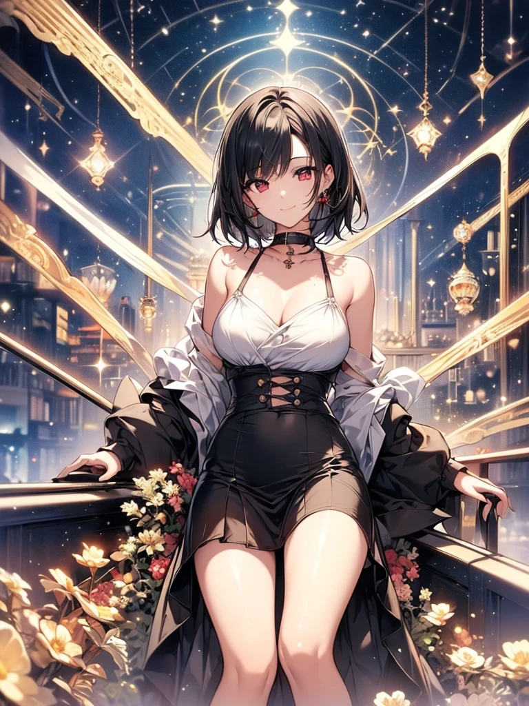 (masterpiece, highest quality, highest quality, (No text), Beautiful and aesthetic:1.2),No text,アニメ、 BREAK,One Girl,Short black hair Beautiful eyes Red eyes Beautiful girl cool smile Black Coat mini skirt whole body Night view Detailed eyes and face