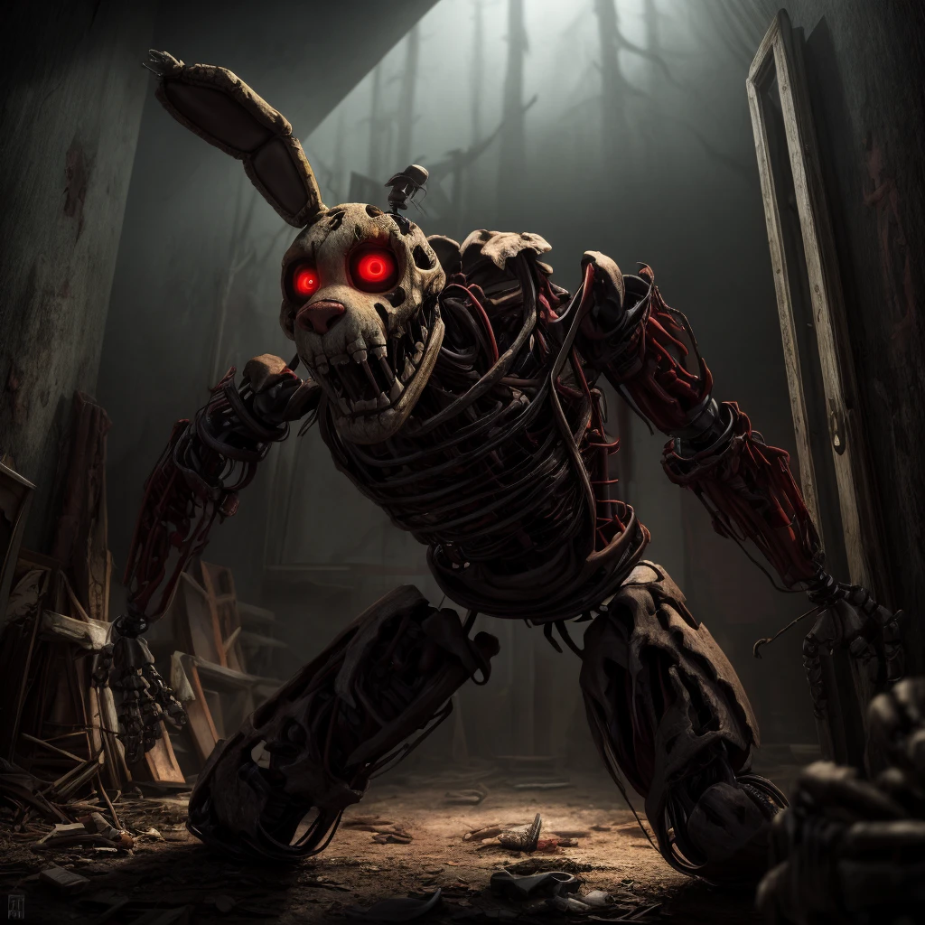 a creepy decrepit animatronic bunny rabbit, highly detailed, disturbing and sinister expression, glowing red eyes, sharp teeth, tattered dirty fur, rusty metal endoskeleton, horror atmosphere, dark moody lighting, cinematic composition, photorealistic, 8k, masterpiece