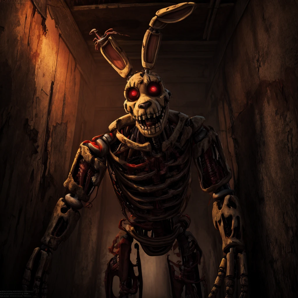 a creepy decrepit animatronic bunny rabbit, highly detailed, disturbing and sinister expression, glowing red eyes, sharp teeth, tattered dirty fur, rusty metal endoskeleton, horror atmosphere, dark moody lighting, cinematic composition, photorealistic, 8k, masterpiece