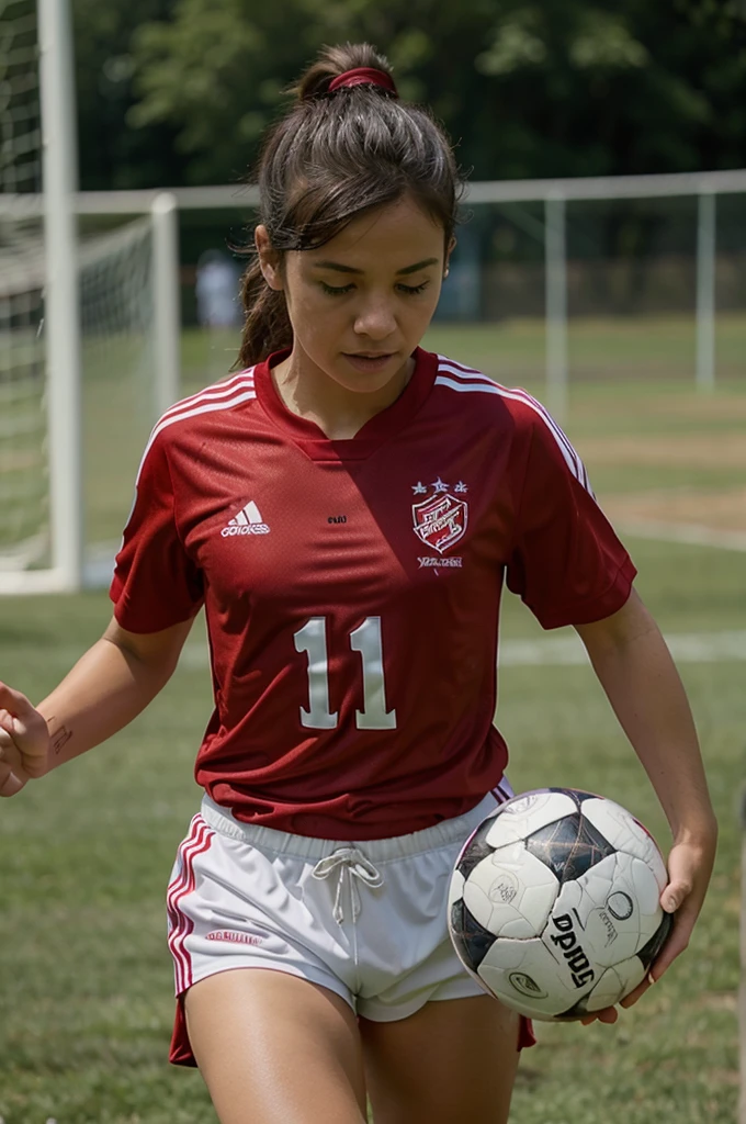 A small  plays soccer wearing a red jersey with the number 10 on it and the words risky