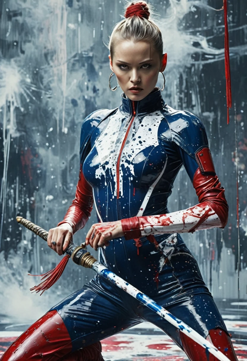 perfect proportions, anatomically correct, (head to toe: 2.0), (full body image: 2.0), solo, (Casshern: 1.6), extremely stylized, deviant art, masterpiece, highly detailed, detailed eyes, expressive detailed eyes, detailed pupils, futuristic, ((1950s scifi helmet)), ((pointy helmet)), Rubber Gloss, (red flightsuit:1.4), white boots, entire body image, full body shot, nvinkpunk, professional photograph of alexander_skarsgard, tassles, large beads, large tassels, navy blue and white, cyberpunk, inkpunk, paint platter, ink splatter, (action pose:1.0), ((holding a two pronged spear))，xianxia，female swordman