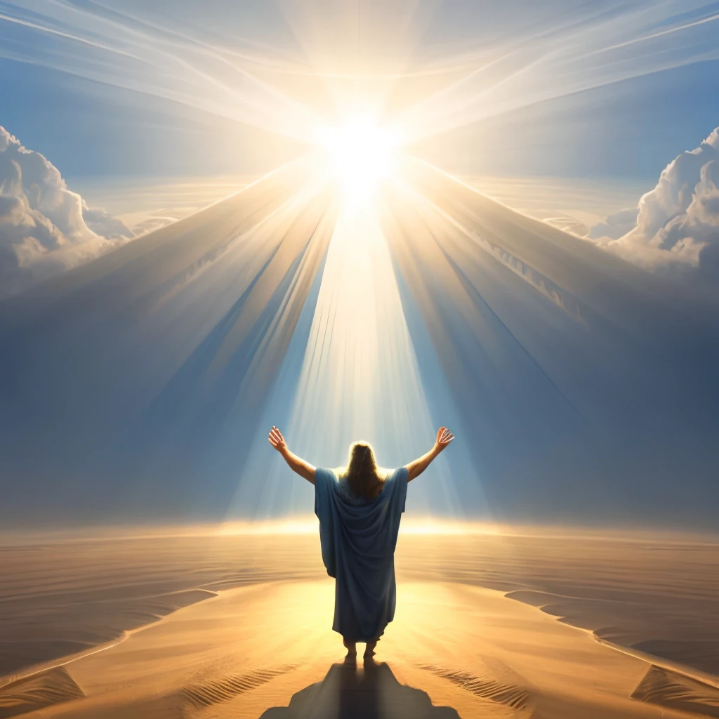 Image of a man standing in the desert with his arms outstretched, god sun rays, holy sacred light rays, com pano de fundo de godrays, holy rays of spiritual light, rays of god shining from above, praising the sun, godrays brilhantes, holy light rays, godrays, god's rays highly detailed, heavenly light, majestic light