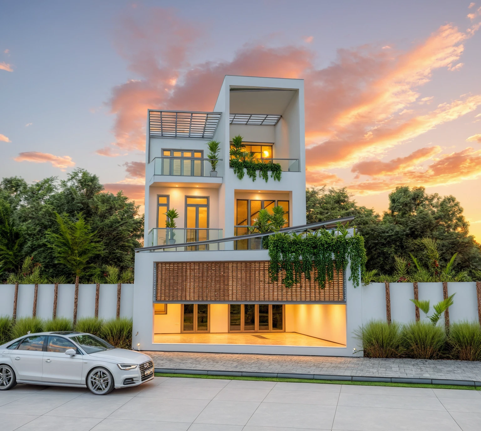Masterpiece, high quality, best quality, authentic, super detail, outdoors, aiaigroup, house style modern , white wall , pavement, grass, trees, dusk sky, cloud, (daylight:1.1)