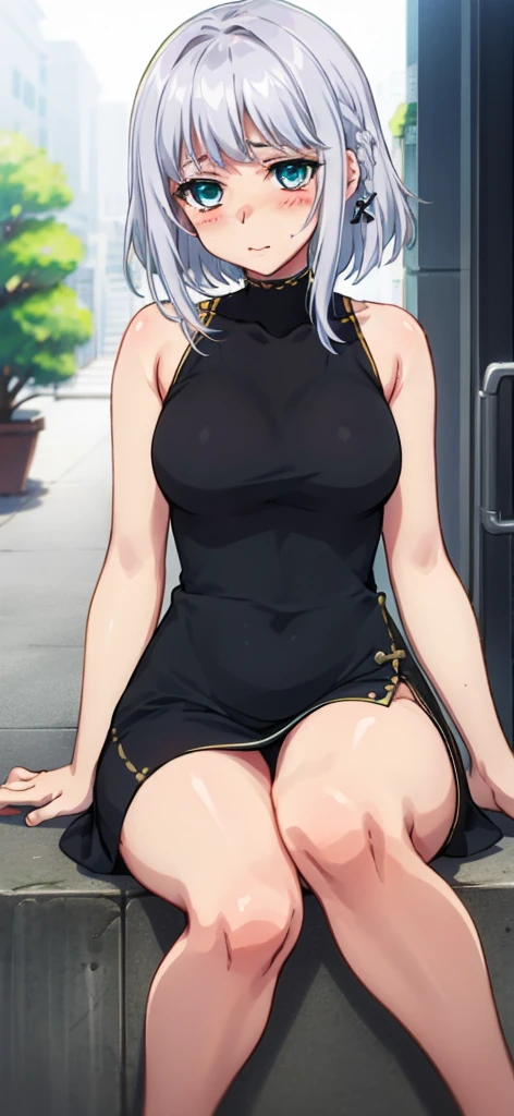 1 girl, kanon kanase,  , blush, medium breasts, sleeveless,(((stylish dress))), sitting,  20-year-old, healthy skin.