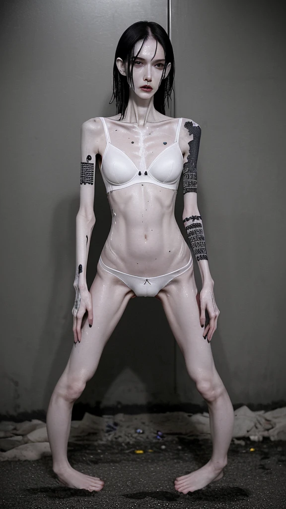 a woman, very thin body, body visible bones, very slender, sweaty wet body, pale white skin, panties, bra,tatto, full body, has a mental breakdown in an underground prison