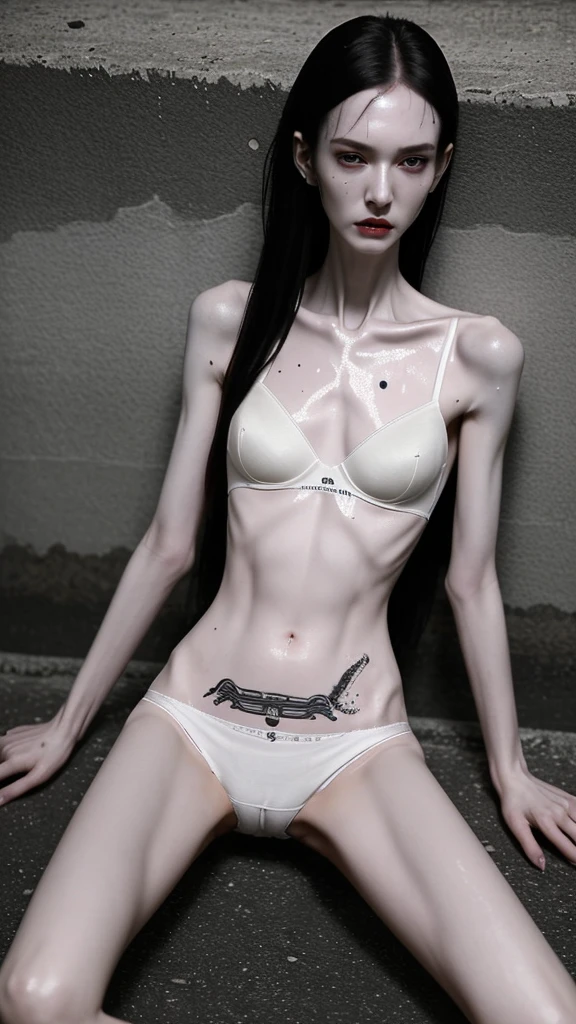 a woman, very thin body, body visible bones, very slender, sweaty wet body, pale white skin, , ,tatto, full body, has a mental breakdown in an underground prison