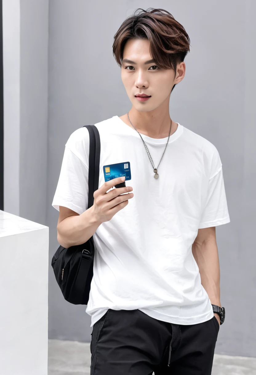 AI big breasts_human Asian male wild Short Hair Short Hair Plain white t-shirt holding credit card