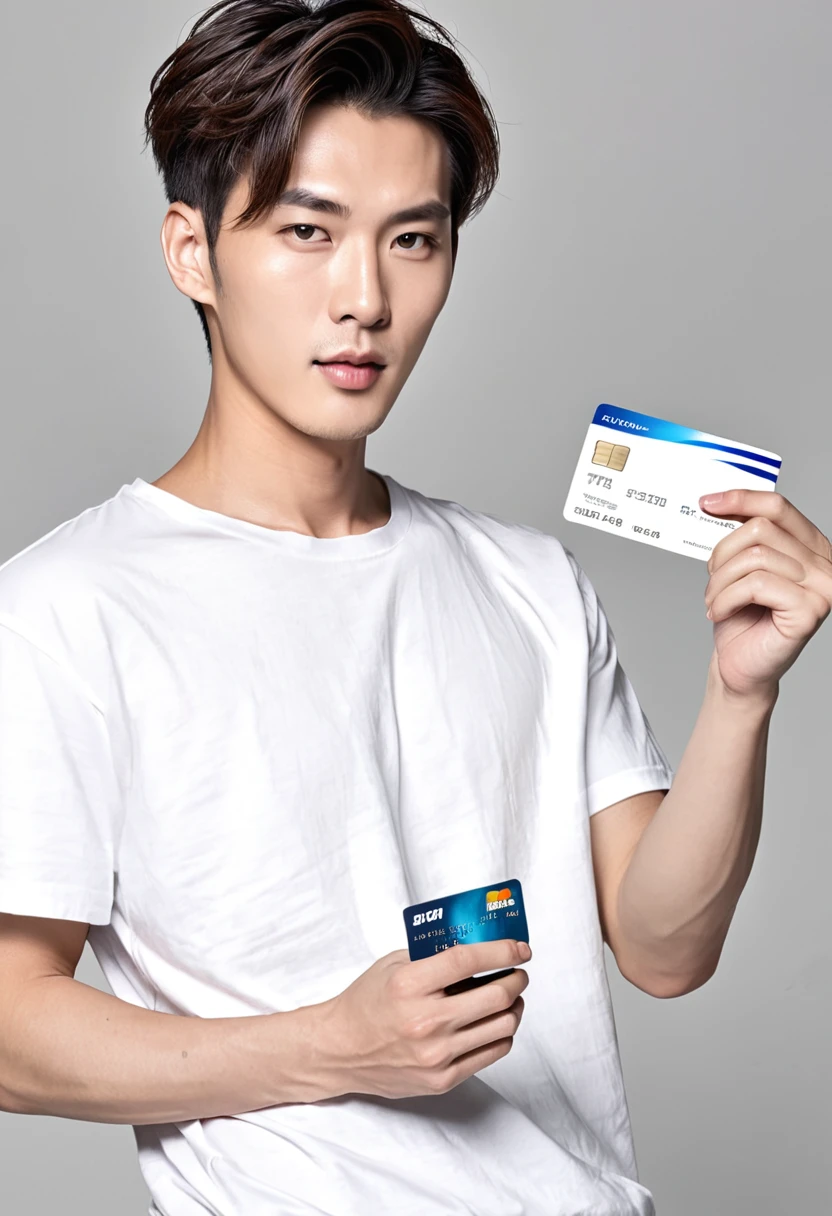 AI big breasts_human Asian male性 male wild Short Hair short hair Plain white T-shirt Hug her looking at the camera smile holding credit card