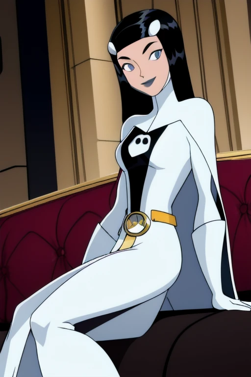 Phantom girl, Tinya Wazzo, solo, girl1, long black hair, bodysuit. grey eyes, smile, grey lips, belt, white cape, white gloves, cape covering body, best quality, masterpiece, cowboy shot, sitting, couches, living room