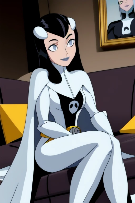 Phantom girl, Tinya Wazzo, solo, girl1, long black hair, bodysuit. grey eyes, smile, grey lips, belt, white cape, white gloves, cape covering body, best quality, masterpiece, cowboy shot, sitting, couches, living room