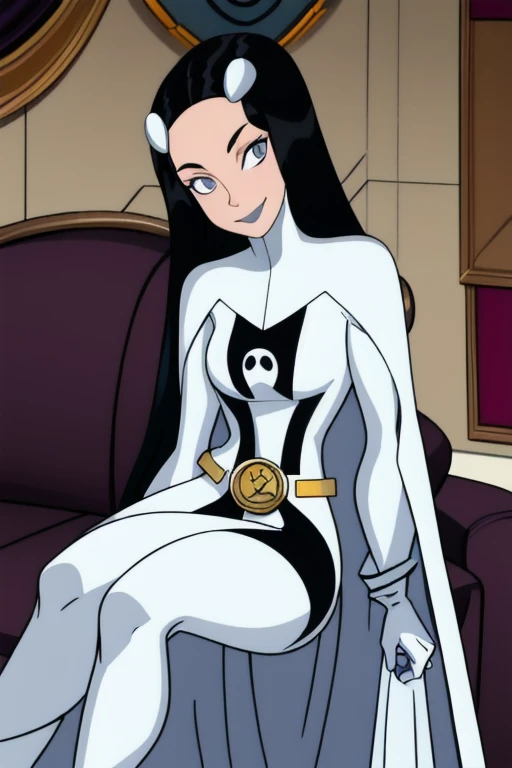Phantom girl, Tinya Wazzo, solo, girl1, long black hair, bodysuit. grey eyes, smile, grey lips, belt, white cape, white gloves, cape covering body, best quality, masterpiece, cowboy shot, sitting, couches, living room