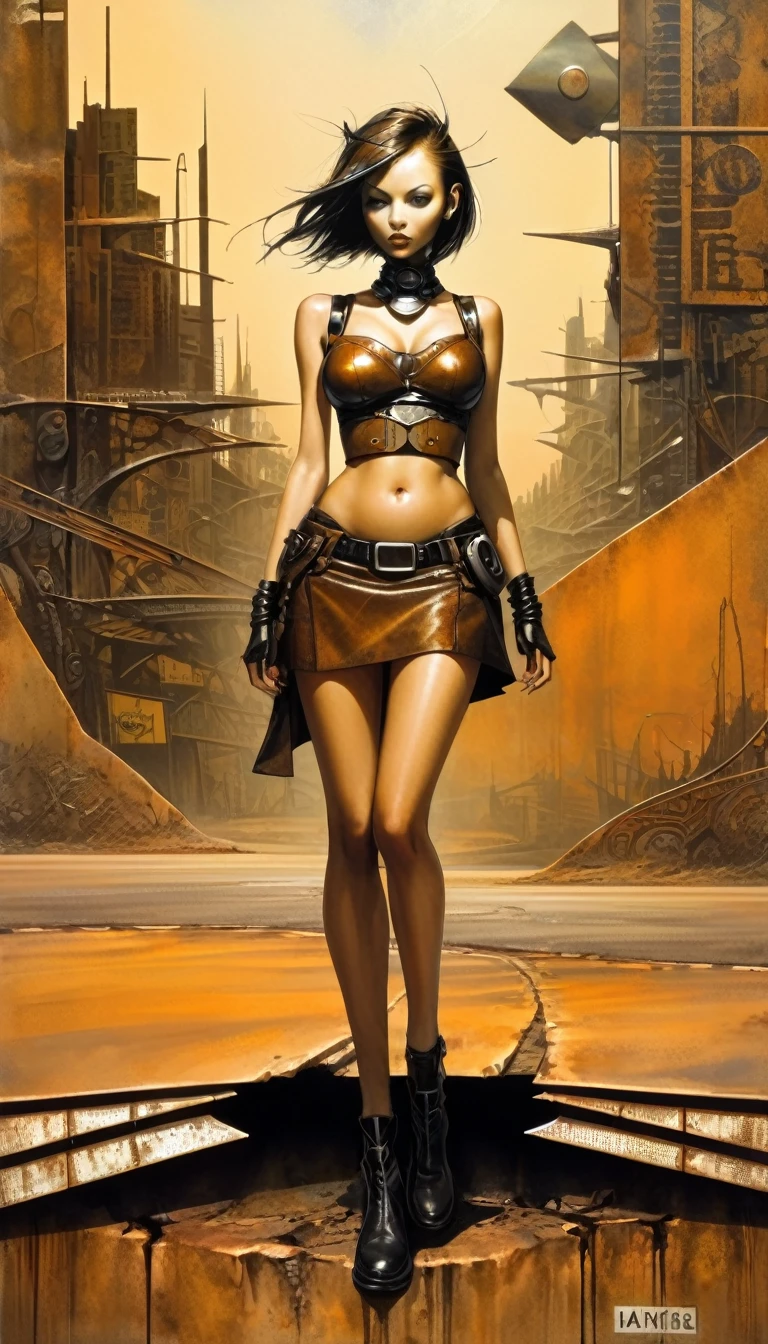road sign in the desert, rusty smooth metal panel with screwed and welded parts, advertising with a girl in a leather miniskirt and bra, in the distance you can see a futuristic city (Dave Mckean inspired art, intricate details, hand painted oil)
